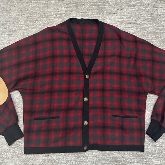 Vintage Pendleton Cardigan Sweater Mens 2XL Red Plaid Wool Elbow Patch Grandpa - Picture 2 of 12